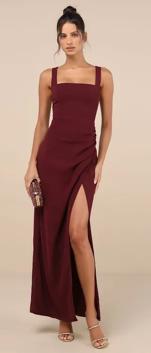 NWT Lulus Glamorous Disposition Burgundy Ruched Maxi Dress Bridesmaid Gala Sz M thumbnail 1