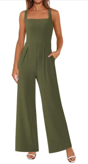 NEW Ribbed Sleeveless Jumpsuit Square Neck Wide Leg XL thumbnail 1