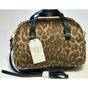 NWT Time and Tru Women Mini Satchel Crossbody Bag Faux Fur Leopard Print Boxy thumbnail 6