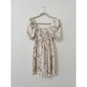 H&M Floral Smocked Puff Sleeve Mini Dress Cream XS thumbnail 2
