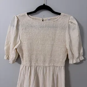 Cream Smocked Puff Sleeve Tiered Maxi Dress Cottagecore Textured Boho Medium thumbnail 3