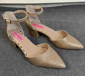 Betsey Johnson Heels Womens Gold Glitter Sz 6 Ankle Strap Pointed Toe Pump *Flaw thumbnail 1