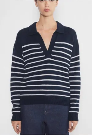 Wilfred Navy and White Striped V-Neck Polo Sweater large thumbnail 1