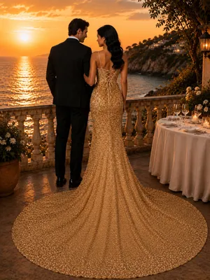 #15-14 Gold Velvet Bustier sequins embroidered appliqué long dress-Small/Size 4 thumbnail 3