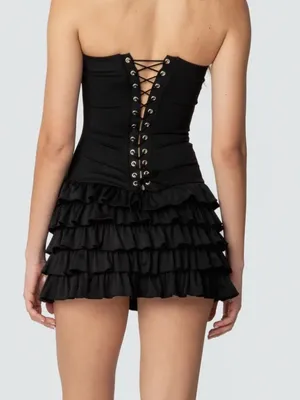 Outcast Black Ruffle Strapless Corset Lace Up Mini Dress thumbnail 7