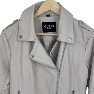 Guess Womens Asymmetric Full Zip Faux Leather Moto Jacket Stone Gray Size XL NWT thumbnail 2