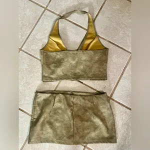 New! 2 Piece Faux Leather Lace Up Halter Top with Mini Skirt Set gold sz large thumbnail 6