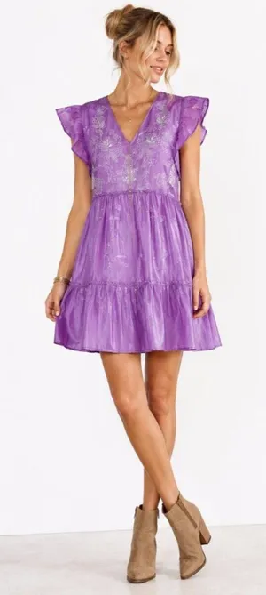 Savanna Jane Embroidered Tiered Mini Iridescent Dress Purple Flutter Sleeve M thumbnail 1
