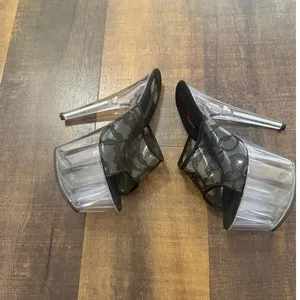 Lucious Clear Platform Heels Size 8 Black Lace Exotic Dancer Pleaser Mules thumbnail 7