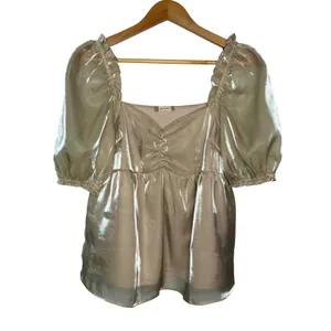 Altar'd State Babydoll Top Women Medium‎ Champagne Gold Metallic Puff Sleeve thumbnail 2