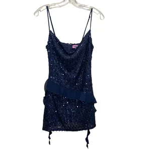 Edikted Sequin Ruffle Cowl Neck Mini Dress Navy Blue Women’s Size Small NWT thumbnail 3