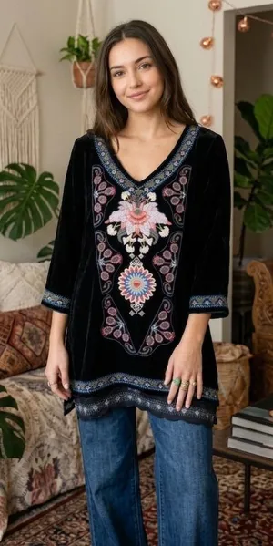 $160 NWOT Paparazzi Black Velvet Embroidered Boho Tunic - Women’s Medium thumbnail 1