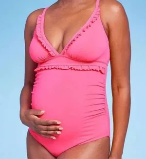 Isabel Maternity One Piece Swimsuit LARGE Pink Ruffle Plunge Padded Ruched Beach thumbnail 1