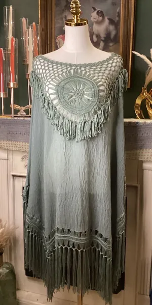 Easel Sage Green Crochet Fringe Poncho Gauze Top Small thumbnail 1