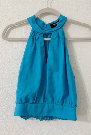 DO+BE Turquoise Halter Keyhole Blouson Top Smocked Hem Size Medium thumbnail 1