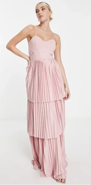 Asos Design Tiered Pleated Lace Maxi Dress Sz 4 thumbnail 1