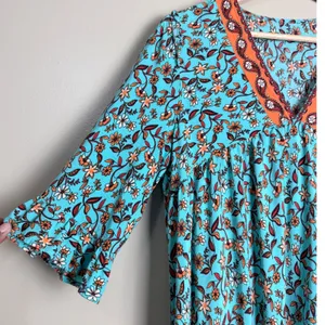 Women's Boho Floral Midi Dress L Turquoise Peasant Hippie Resort Empire Waist thumbnail 4