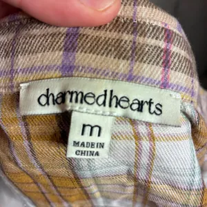 Charmed Hearts Mixed Plaid Patchwork Button Down Shirt Tan Blue Purple M thumbnail 4