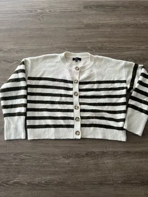 Lulus Knit Cardigan Womens Medium Ivory Olive Striped Fuzzy Wool Blend Cropped thumbnail 2