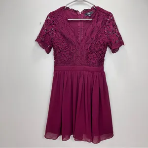 Lulus Angel in Disguise Burgundy Lace Chiffon Flare Skater Dress SMALL‎ thumbnail 5