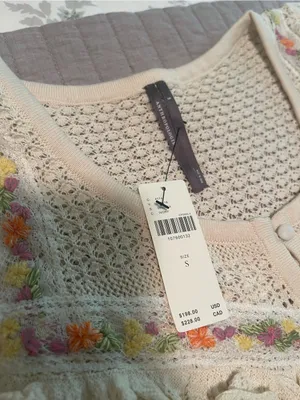 NWT Anthropologie Cream Crochet Knit Button-Front Sweater with Ruffle Trim thumbnail 6