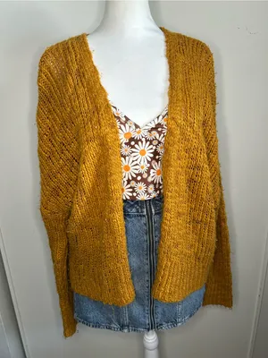 LA Hearts Oversized Boho Fuzzy Knit Cardigan Sweater in Mustard Gold thumbnail 1