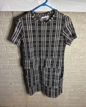 ZARA Women's Plaid Knit Mini Dress Short Sleeve Black White Size‎ S thumbnail 1