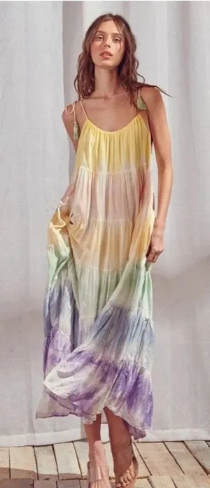 STORIA Tie Dye Maxi Dress Colorful Sleeveless Tasseled Straps Size S 100% Rayon thumbnail 1