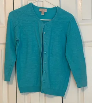 LOFT Teal Crewneck Button Cardigan thumbnail 1