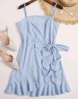 SHEIN Blue Floral Wrap Knot Slip Dress Medium – Ruffle Hem Spaghetti Strap Mini thumbnail 1