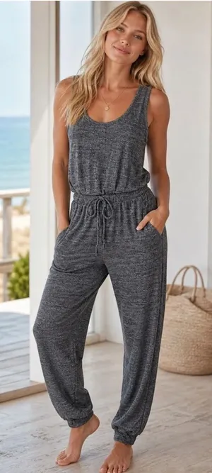 Free People Beach Bicoastal Gray Sleeveless Drawstring Jumpsuit W2528 Sz M thumbnail 1