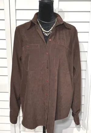 CB‎ Carry Back Womens Faux Suede Shirt 6 Brown Button Front Western 90s Vintage thumbnail 1