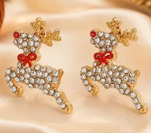 Holiday Gold Reindeer Crystal Stud Earrings thumbnail 1