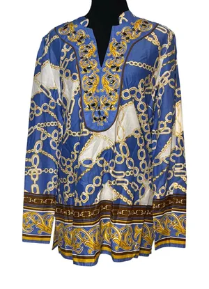 Embellished Blue Gold Chain Print V-Neck Cotton Tunic Top Large Charter Club thumbnail 1