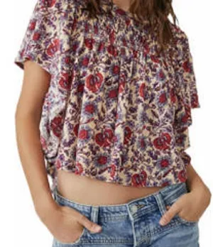 Free People small floral boho flutter sleeve linen cotton cropped top thumbnail 1