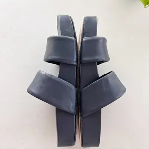 Beautiisoles Navy Blue Double-Strap Leather Minimalist Summer Slide Sandals thumbnail 4