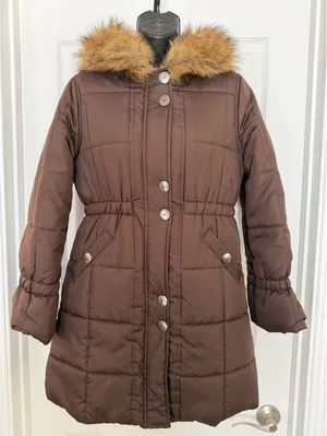 KC Collections brown puffer coat with faux fur hood thumbnail 1