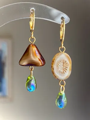 Handmade unique retro vintage fairy boho style dangle earrings w/ quality Czech glass beads mix 🌀🍃💛 thumbnail 2