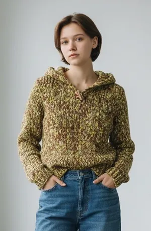 Vintage Y2K Chunky Knit Textured Hooded Sweater in Olive Mix Wool Blend thumbnail 1
