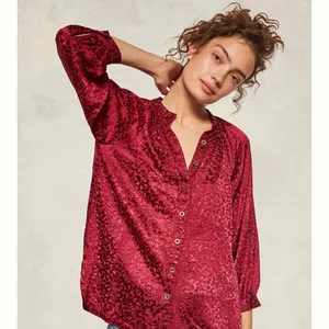 Anthropologie Susanna Velvet Deep Red Patterned B/D Blouse | Small thumbnail 3