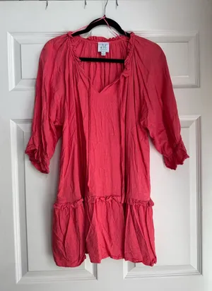 Midi-Length Pink Peasant Dress with Ruffled Tier Detail thumbnail 1
