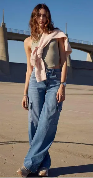 American Eagle Dreamy Drape Stretch Super High-Waisted Cargo Baggy Wide-Leg Jean Sz 10 thumbnail 4