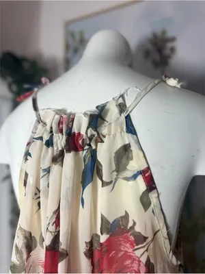 Womens Off White Floral Tank Top Blouse Large Sheer Sleeveless Boho Flow thumbnail 7