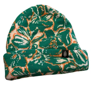 New FREE PEOPLE Jumping Jacquard Beanie Green Floral knit hat FP Movement thumbnail 5