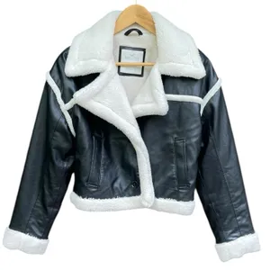 Hollister Cropped Moto Jacket S Black Vegan Leather Faux Fur Sherpa Lined Y2K thumbnail 6