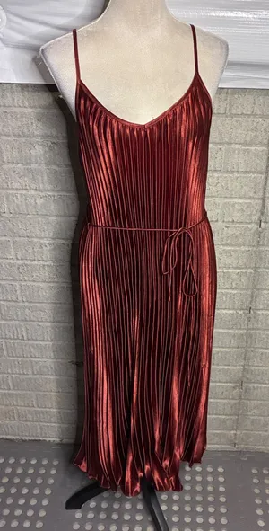 Bohme Women Rust Copper Pleated Satin Midi Dress Spaghetti Strap V-Neck Large thumbnail 1