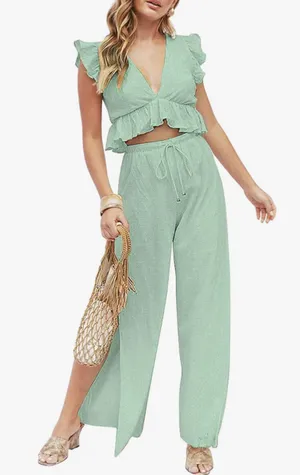 Vneck Ruffle Crop Top and Wide Leg Pants Green Size L thumbnail 1