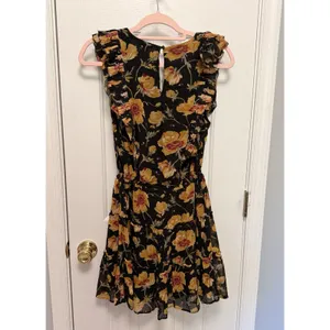 100% Silk Floral Ruffle Tiered Mini Dress PAIGE‎ Turmeric Poppy M Luxe Boho thumbnail 4