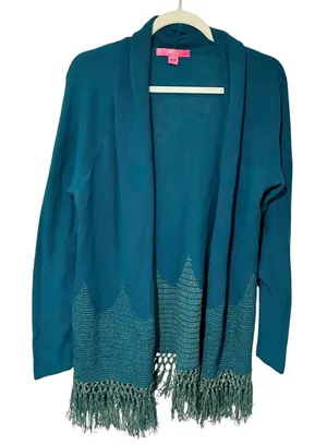 Lilly Pulitzer Green Tatum Fringe Open‎ Front Cardigan Sweater Size XL thumbnail 1