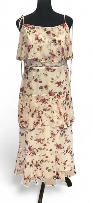 WAYF Ivory Multicolor Floral Chiffon Cold Shoulder Maxi Dress Zip M thumbnail 1